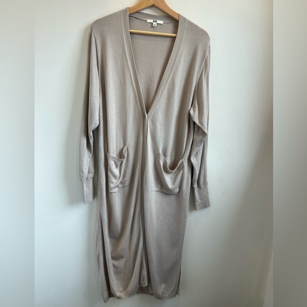 Uniqlo Open Front Long Knit Cardigan Beige Color